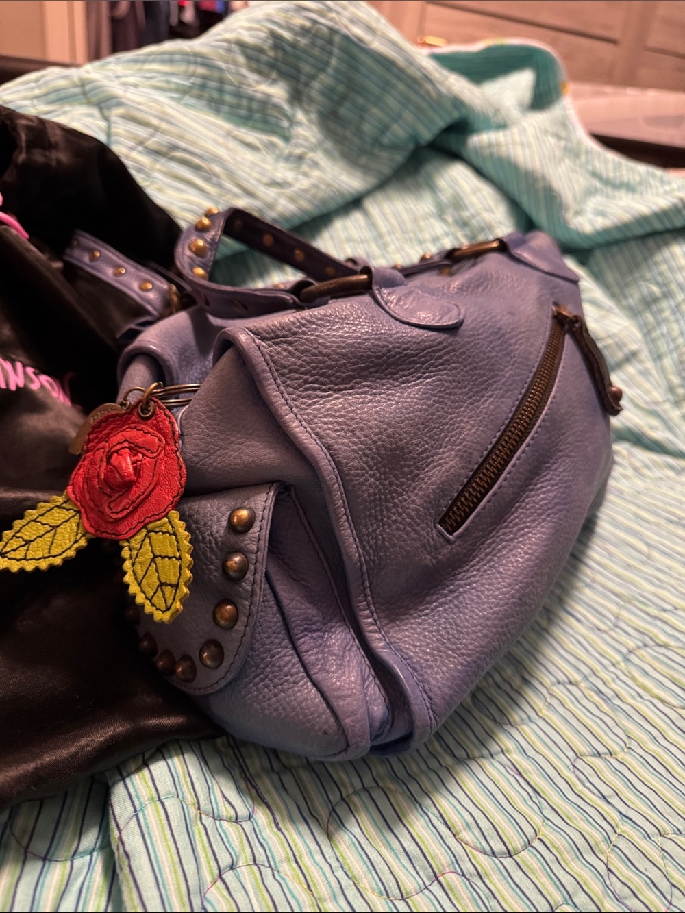 Betsey Johnson Blue Leather Shoulder Bag with Rose Charm - Picture 2 of 7